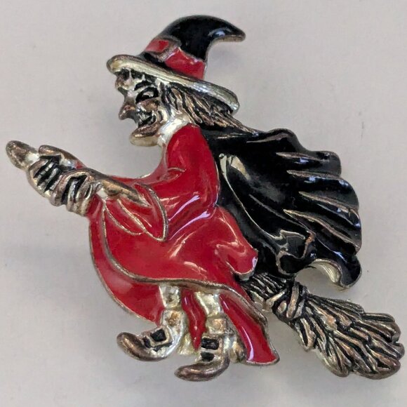 Vintage Enamel Silver Tone Witch on Broom Pendant Brooch Pin & Earring Set - Picture 2 of 6